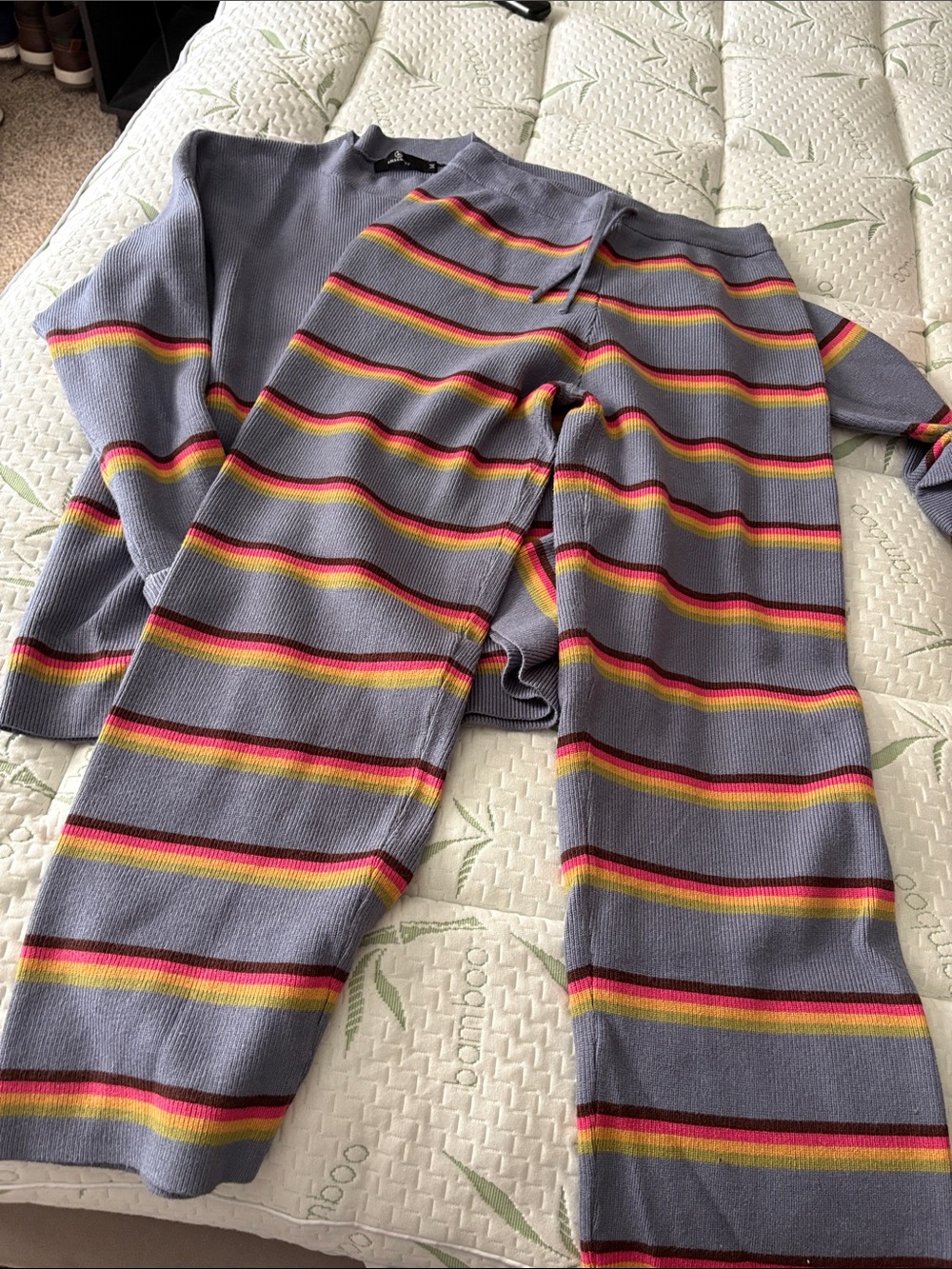 Striped Knit Lounge Pantsuit in Gray with Multicolor Accents